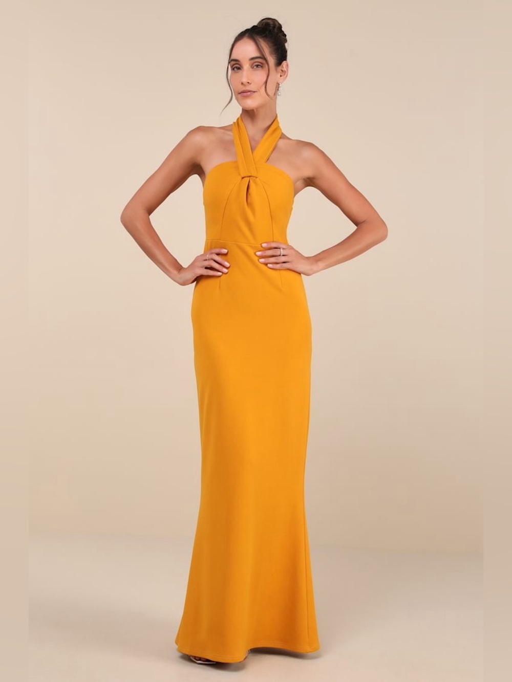 LULUS Mesmerizing Perfection Yellow Halter Neck Backless Maxi Dress Gown Party S